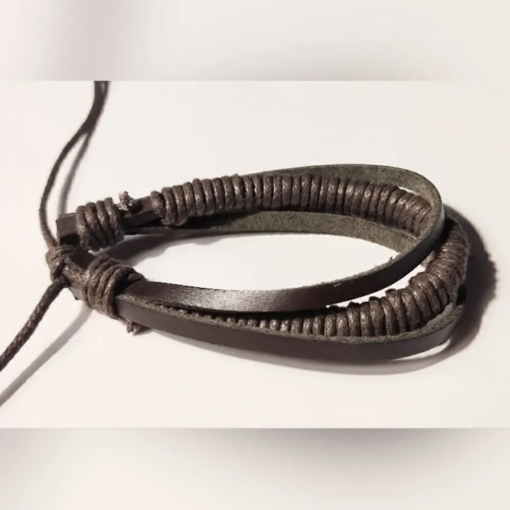 Men's bracelet leather braided layered brown new d46‎